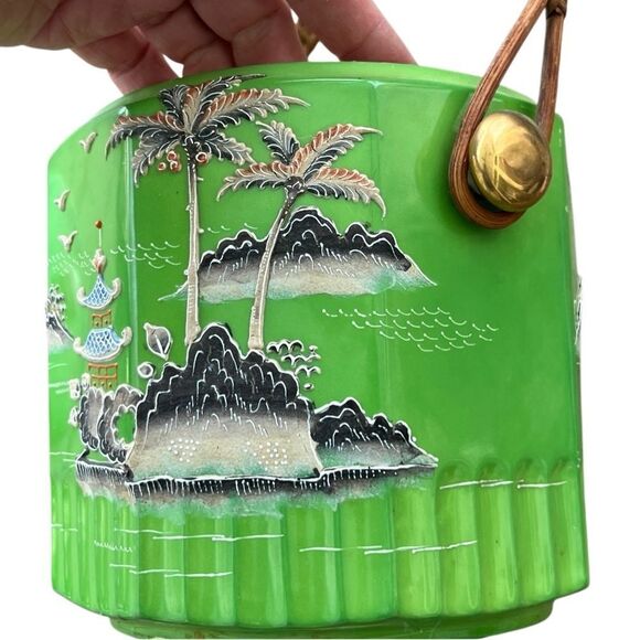 Vintage Japanese Hand-Painted Ceramic Jar with Lid & Handle – Green Pagoda Scene - Picture 3 of 14